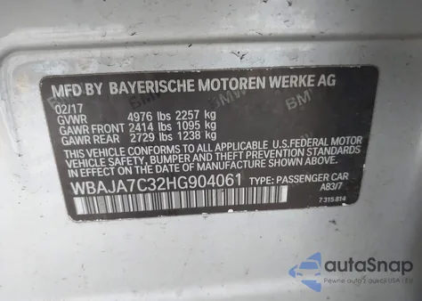 2017 BMW 530I xDrive z USA, uszkodzony, nr VIN WBAJA7C32HG904061